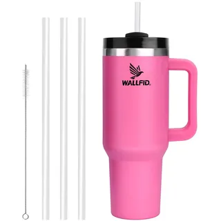 WALLFID 40oz Thermobecher aus Edelstahl, Vakuum-Isoliert mit Deckel, 3 Strohhalmen und 1 Strohhalm Bürste, Für Heiß- und Kaltgetränke, Ideal für Kaffee, Tee, Smoothies und Mehr(Rosa)