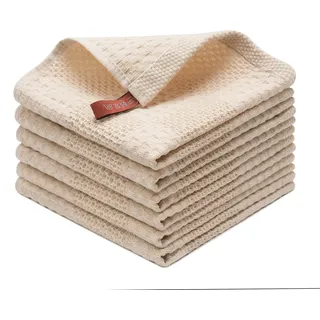 QKUDS 100% Baumwolle Küchentücher, 6er Set, Hoch Saugfähig, Weich Und Langlebig, Teetücher Barmopps Geschirrtücher, Schnell Trocknend Fusselfrei, 34×34 cm, Beige
