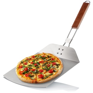 com-four® Pizzaschaufel aus rostfreiem Edelstahl 430 - Pizza- und Kuchenheber mit Holzgriff - Pizzaschieber für Pizza, Flammkuchen, Brötchen und Brot - klappbarer Griff (silberfarben/braun - eckig)