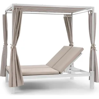 Blumfeldt Doppelliege Outdoor für 2 Personen mit Dach, Doppel-Sonnenliege, Doppel Garten Liege Bett für Erwachsene & Kinder, Gartenbett mit Verstellbarer Rückenlehne, Outdoor-Sonnenbett mit Dach - Weiß