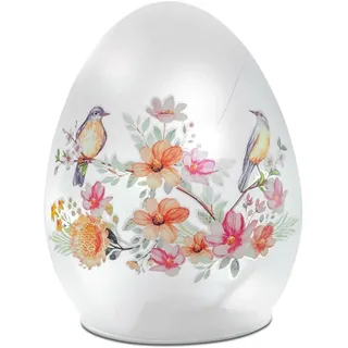 formano LED Deko Ei Glas 15 cm Satiniertes Glas mit Buntem Vogel- & Blumenmotiv, Timer 6h/18h, batteriebetrieben (3× AA), stimmungsvolles Ambientelicht für Frühling, Ostern & Wohnraum