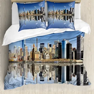 ABAKUHAUS New York City Bettbezug, Manhattan Gebäude, Milbensicher Allergiker geeignet mit Kissenbezügen, 200 cm x 200 cm - 80 x 80 cm, Mehrfarbig