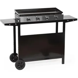 GARDEN MAX MERIDA Gas Plancha, 4 Brenner, Auf Wagen, 127 x 46,5 x 95 cm, Emailierter Stahl, 75 x 35 cm Kochfläche, Schwarz - Schwarz