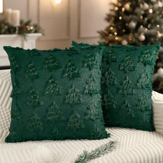 Miaikoe Weihnachtskissenbezüge 50x50 cm 2er Set Dekorative Wollkissenbezug Weiches Plüsch Fälschungsfell Weihnachtsbaum Goldene Linien für Feiertage Winter Wohnzimmer Sofa Grün