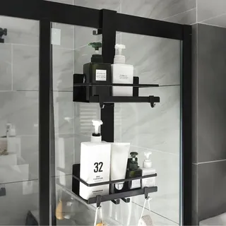 Duschablage zum Hängen, 2-Stufiges Duschregal ohne Bohren für Glastür | Dusche Organizer mit 4 Haken und 2 Saugnäpfen, Shampoo Halterung für Dusche, aus Kohlenstoffstahl, Schwarz