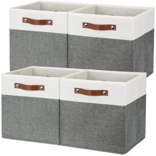 Temary Aufbewahrungswürfel 12 × 12 Stoff-Aufbewahrungskörbe Faltbare Aufbewahrungskörbe mit Griffen, dekorative Aufbewahrungsboxen für die Organisation, Zuhause, Büro, Schrank (Weiß & Grau, 12x12x12)