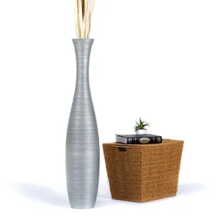 Leewadee Große Deko Bodenvase Für Dekozweige, Hohe Standvase Für Pampasgras, Design Holzvase, 110 cm, Silber