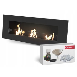 KRATKI Delta 3 Bio-Ethanol-Kamin + Kieselsteine + Trichter + Aromatherapie-Set | Wand- oder Nischeneinbau l Biocontainer 0,6 l, TÜV | Verglasung, Stahl, 40 x 120 cm, Schwarz