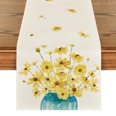 Artoid Mode Gelb Gänseblümchen Vase Frühling Tischläufer, Sommer Saisonnal Küche Tisch Dekoration Drinnen Urlaub Party Dekor 40x140 cm