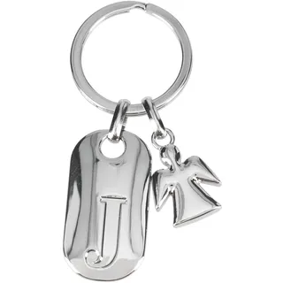 Depesche 11800-011 Silberner Schlüsselanhänger mit Buchstabe J und Schutzengel, Zinklegierung, inkl. farbigem Samtbeutel