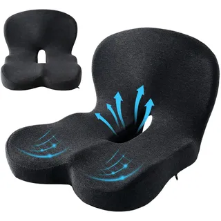 Petyoung Orthopädisches Sitzkissen mit Rückenlehne, L-Förmiges Kissen aus Memory Foam zur Steißbeinentlastung, Rutschfestes Ergonomisches Sitzkissen für Bürostuhl, Autositz, Rollstuhl, Schwarz