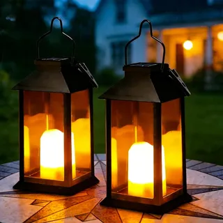 Yowin Solarlaterne für Außen 2 Stück Solarlampen Garten mit Flammeneffekte Kerze, Hängend Solar Laternen Wetterfest Solar Tischlampe Outdoor, Solarleuchten für Terrasse Balkon Pavillon Deko - Schwarz