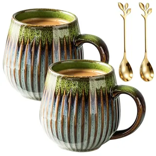 Vintage Kaffeetasse aus Keramik 500ml, 2er Grün Kaffeetasse Groß mit Blattgold-Löffel Tee Tasse mit Henkel Porzellan Cappuccino Tassen, Kaffeebecher Keramik Latte Tassen Becher