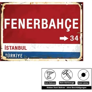 Fenerbahçe Retro Wandschild 20x28 cm – Deko-Schild aus Holz im Vintage Design – Wanddekoration zum Kleben, Istanbul Türkei Motiv Fenerbahce - Rot, Weiß, Blau