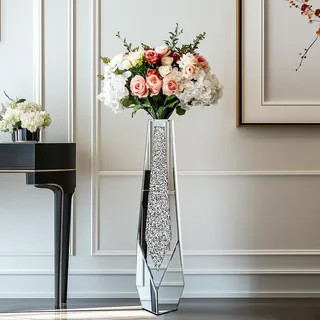 Artloge Bodenvase Große 85cm Hoch: Silberne Vase Kristall für Pampasgras, Glas verspiegelte Diamanten Blumenvase, rutschfeste Vasen für Wohnzimmer Esszimmer Corner Büro– Kein Wasserhalt