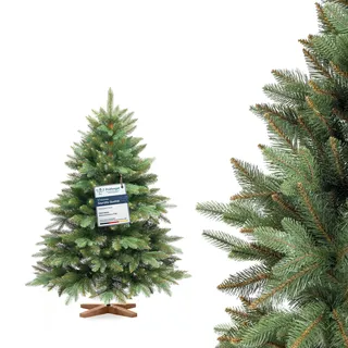 FAIRYTREES Weihnachtsbaum künstlich, Nordmanntanne Premium 120 cm, Naturgetreue Spritzguss Elemente, Künstlicher Weihnachtsbaum mit handgefertigtem Ständer aus Eschenholz