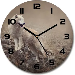 Wanduhr aus Glas 30fi Glasbild Glasuhr Gehärtetes Glas - schwarze-zeiger - White wolf on the rock - Beige