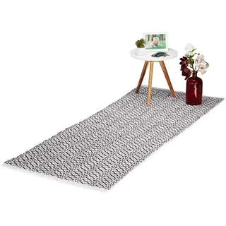 Relaxdays Teppich Läufer, handgefertigt, Baumwolle, Flurteppich Rautenmuster, rutschfest, 80 x 200 cm, schwarz-weiß