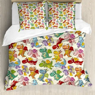 ABAKUHAUS Kinder Bettbezug Set, Baby-liebevolle niedliche gefährliche glückliche Dinasours im Regenbogen farbigen Kindertagesstätten-Kinderdruck, 155 x 220 cm + 80 x 80 cm, Mehrfarbig