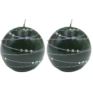 Dekohelden24 Edle Kugelkerze, Tischkerze, Dekokerze, Wachskerze mit Edelsteinmotiv, Dekoschalenkerze als Kugel 8 cm Silberstreif, in dunkelgrün. (Packung mit 2)