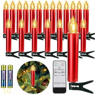 FREEPOWER 10er Rot LED Kerzen Kabellos Weihnachtskerzen mit Fernbedienung Timer Flackern Dimmbar Warmweiß Weihnachtsbaumkerzen Außen Wasserdicht Innen Christbaum Beleuchtung(mit 10 Batterien)