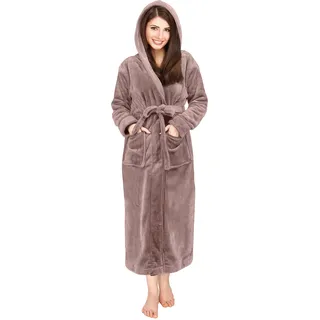 NY Threads Damen-Bademantel aus Fleece mit Kapuze, langer Plüsch-Bademantel, taupe, 36