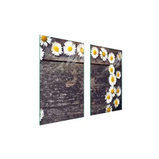 Herdabdeckplatten 2 teilig 75x52 Glaskeramikkochfeld Abdeckung Glas Schneidebrett Gänseblümchen Holz