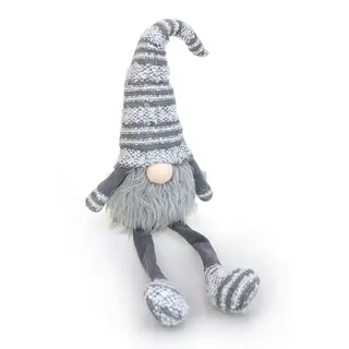 Kantenhocker Wichtel Zwerg Deko Figur sitzend 60 cm, Textil Strick grau weiß, Gnom Weihnachtswichtel witzige Dekofigur Winter Weihnachten