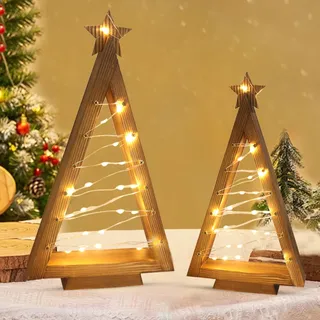 KIKVTER Weihnachtsdeko LED Weihnachtsbaum Holz mit Stern, 2 Stück Weihnachtsbaum Beleuchtet mit LED Lichterkette, Weihnachtsdeko Holz, Weihnachtsdeko Innen Aesthetic, Tischdeko Weihnachten Deko