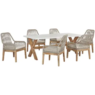 Beliani Gartenmöbel SET 6-Sitzer Faserzement 200/100 cm weiß/beige Olbia , Beige, Weiß, Hellbraun , Stein , Gartenmöbel, Gartengarnituren, Gartenmöbel-Sets