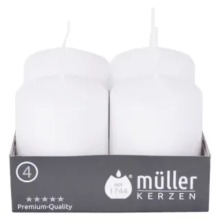 Müller Kerzen Stumpenkerze, weiß, Hochwertige Stumpenkerze mit gleichmäßigem Abbrand, 1 Packung = 4 Stück, (Ø x H): 48 x 62 mm