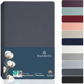 BARBONS Spannbettlaken 180x200cm - 100% Baumwolle Spannbetttuch Oeko-TEX Zertifiziert Bettlaken Jersey Bettwaren und Bettbezug für Boxspringbett und Dicke Matratzen bis 27 cm - Dunkelgrau 180 x 200
