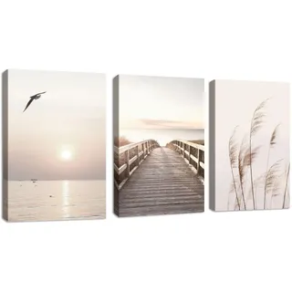 3 Teilig Strand Sonnenuntergang Bilder Set, Aesthetic Natur Landschaft Wandbilder mit Rahmen, Modern bild auf Leinwand Wandkunst Kunstdruck Deko für Wohnzimmer Schlafzimmer Küche Esszimmer 50x70x3