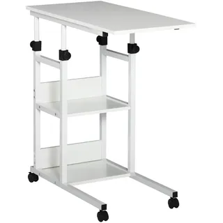 Homcom Beistelltisch Couchtisch mit Rollen höhenverstellbar 2 untere Regale Esszimmer , Weiß , Kunststoff , 40x82x80 cm , Wohnzimmer, Wohnzimmertische, Beistelltische