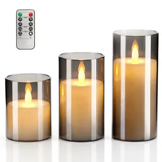 Rayong LED Kerzen mit timerfunktion 3 PCS Outdoor Flackernde Flammenlose Kerzen,kerzen elektrisch bewegliche flamme,Batteriebetriebene Kerzen für Camping,Hochzeiten,Home Deco,Partys (Grau)