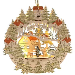 Exclusives, beleuchtetes 2 D Holz Fensterbild mit LED Band, Motiv: Wald mit Rehe