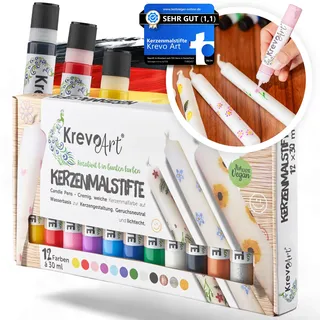 Krevo Art Kerzenmalstifte Set – 12x30ml brillante Farben für kreative Kerzenkunst – Candle Pen & Kerzenfarbe zum Verzieren, Gestalten & Bemalen von Kerzen – Ideal für DIY-Projekte