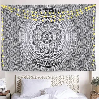 THE ART BOX Indie Wandteppich Baumwolle Mandala Wandbehang Deko Teppich Aesthetic Room Decor Dekoration Wohnzimmer Indische Tücher Schlafzimmer Deko, Grau und Weiß, 135x210 Cm