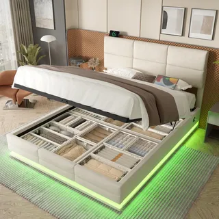 MODFU Polsterbett ohne Matratze 140x200 Jugendbett mit höhenverstellbarem Kopfteil,mit USB-Anschlüssen und LED-Ambientebeleuchtung auch Stauraum,Beige - Beige