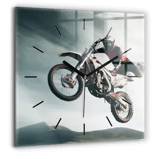 Wallfluent Große Wanduhr – Stilles Quarzuhrwerk - Uhr Dekoration Wohnzimmer Schlafzimmer Küche - Zifferblatt mit Striche - schwarze Zeiger - 60x60 cm - Motorrad im Adrenalin-Stil - Grau