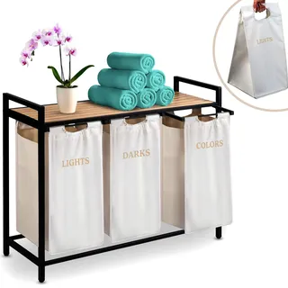 Massido Wäschekorb 3 Fächer 120 L - mit Wäschesacken und Ablage - Wäschesortierer Wäscheregal - Beige - 93 x 72 x 32 cm