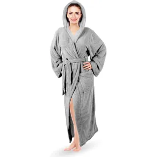 Bademantel ( Grau / L ) Cozy für Damen mit Kapuze und Taschen, weich flauschig saugstark, Sauna und Spa - extra lang und breite Ärmel - Morgenmantel ( M - XL ) - Grau