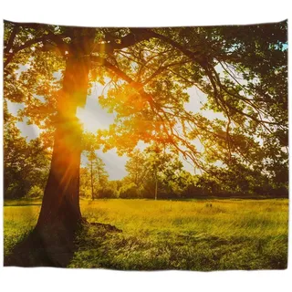A.Monamour Wanddekor Wandteppiche Sommer Sonnenuntergang Zeit Sonnen Durch Wald Baum Grün Gras Natur Landschaft Bild Hintergründe Stoff Wand Tapisserie Wandbehänge Yoga Decken 180x230cm