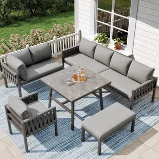 Flieks Gartenloungeset Gartenmöbel Set 6-tlg., Terassenmöbel Balkonmöbelset für 8-9 Personen, Doppelsofa Ecksofa mit Gartentisch und Kissen, Grau - Grau