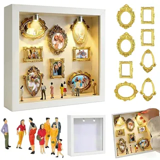 DIY Mini Museum Bilderrahmen, Mini Figuren Menschen Museum Silhouette Box mit Golden Rahmen & LED Licht, Miniatur Menschen Bilderrahmen Vintage für Deko Wohnzimmer Schlafzimmer