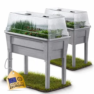Ondis24 Garten Hochbeet Blumenkübel Victoria für Balkon, Pflanzkasten mit Gewächshaus, Volumen 50 L, Wasserspeicher, Tröpfchenbewässerung, abnehmbare Füße, Outdoor geeignet (2, Warmgrau)