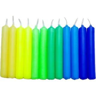 GLOWYBOX 12 Stück Geburtstagskerzen für Kerzenring Kerzen für Kindergeburtstag bunte Kinderkerzen Geburtstagszug Minikerzen bunt Baumkerzen bunt neon dip Dye Kerzen Regenbogen Set gelb/grün/blau