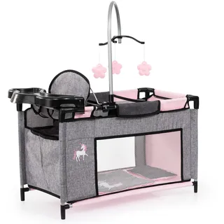 Bayer Design 62633AB Puppenbett mit Schrank, Sitz, Mobile, Ablage, Bettdecke, Kissen, Jeans-grau, rosa, Einhorn, Klein
