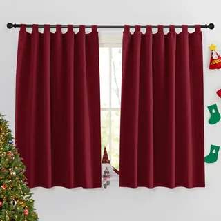 PONY DANCE Schlaufengardinen Kurz Vorhang Weihnachten Verdunklungsvorhänge Kinderzimmer Mädchen Kurzgardine Küchen Thermovorhang Rot Schlaufenschal 2er Set H 137 x B 140 cm