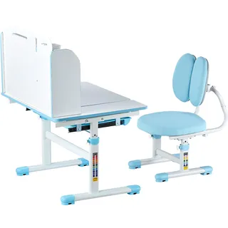 SucceBuy Kinder-Arbeitsstuhl und Schreibtisch, höhenverstellbar, mit Bücherregal und Schublade, blau